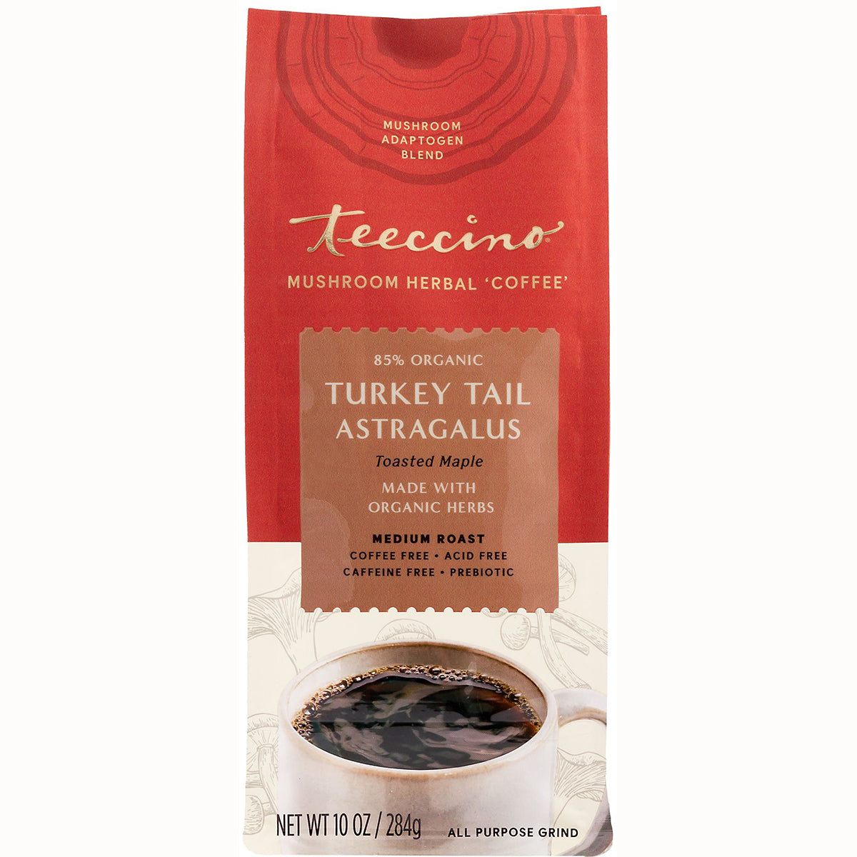 TCN023 | Teeccino Turkey Tail Astragalus mushroom herbal coffee, Toasted Maple, 10 oz bag
