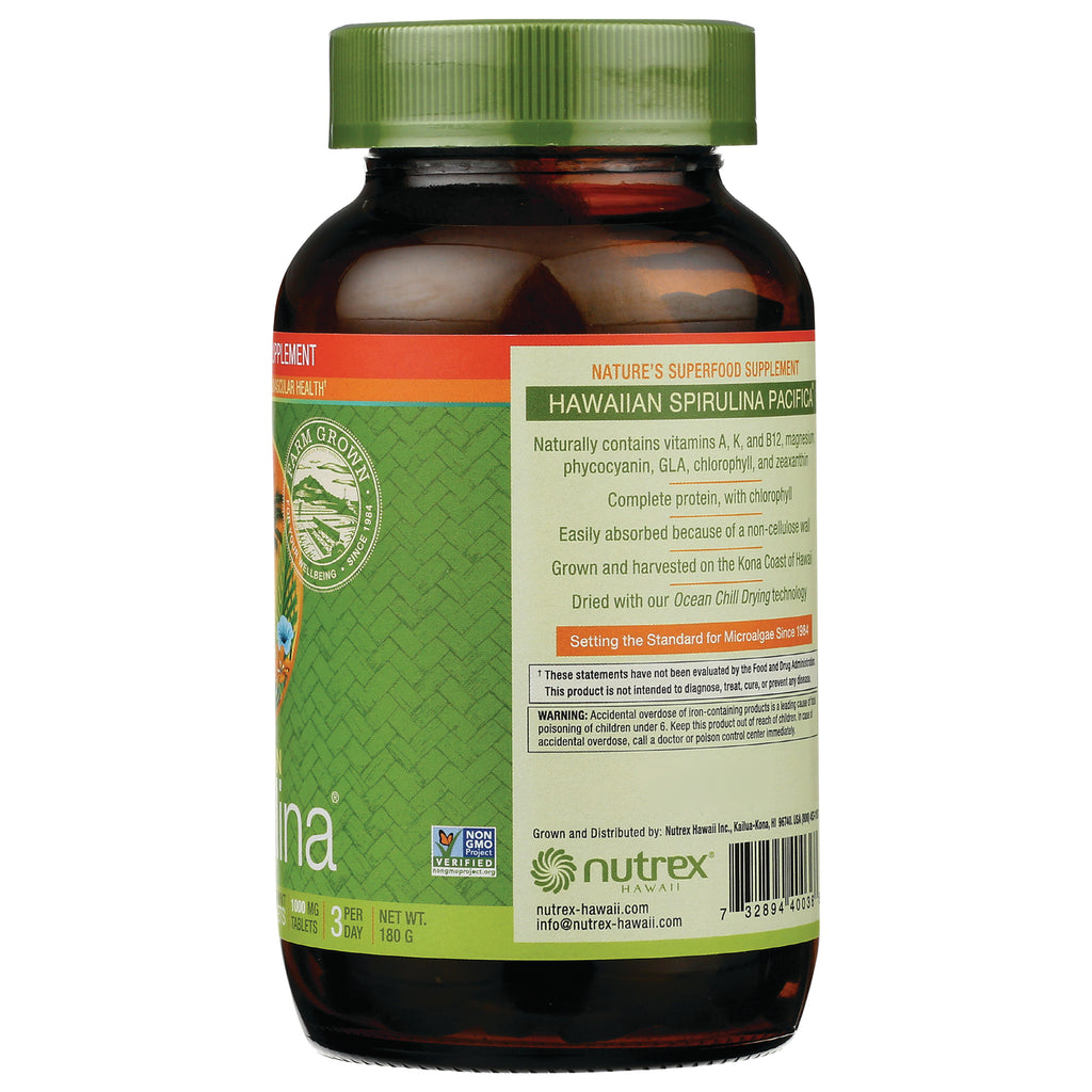 NUT023 | back label of brown supplement bottle showing Hawaiian Spirulina Pacifica details, warnings, and Nutrex logo - Thumbnail