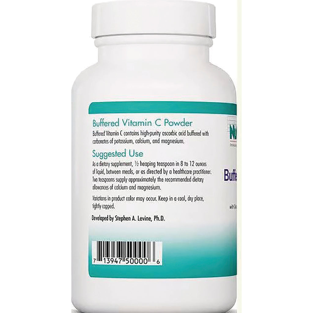 NCL016 | Back of white supplement bottle labeled Buffered Vitamin C Powder showing suggested use text and barcode - Thumbnail