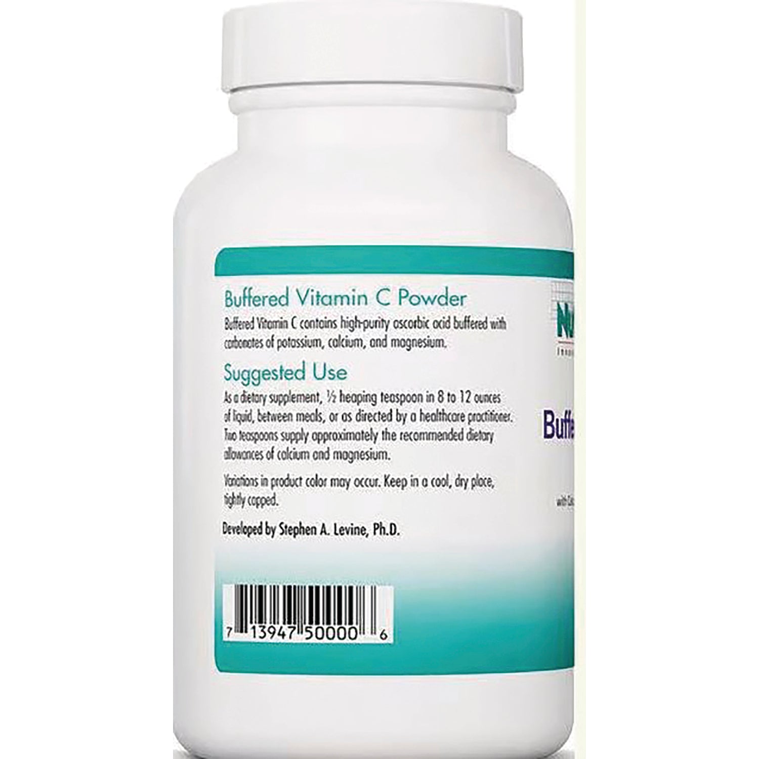 NCL016 | Back of white supplement bottle labeled Buffered Vitamin C Powder showing suggested use text and barcode