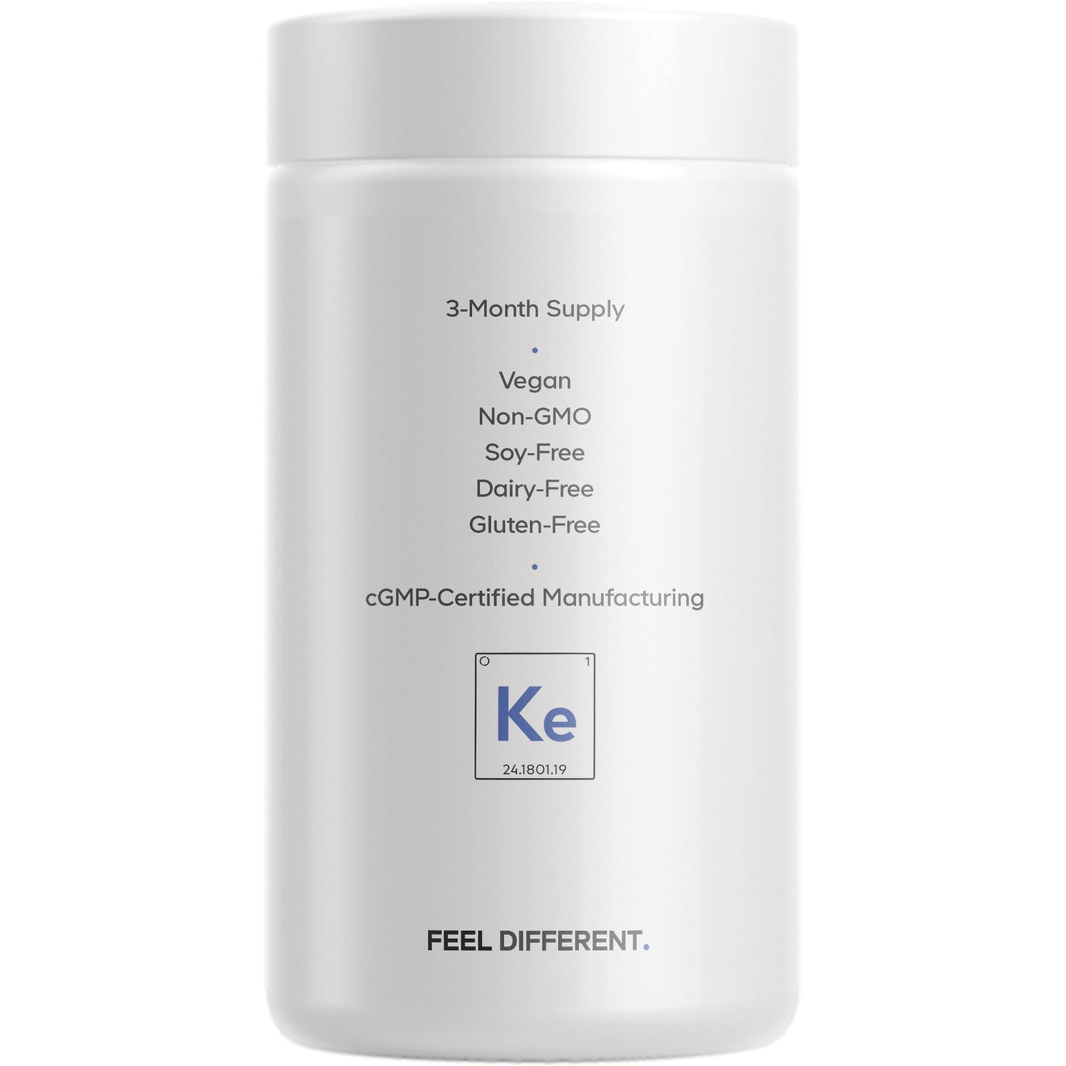 CDG007 | Back label of white supplement bottle listing 3-Month Supply, Vegan, Non-GMO, Soy-Free, Dairy-Free, Gluten-Free, cGMP certified