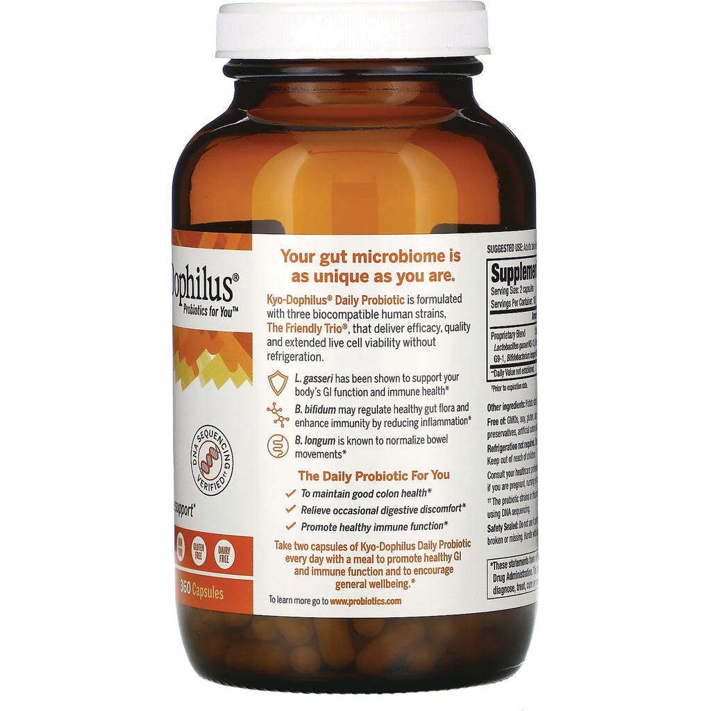 KY073 | Back of amber probiotic bottle showing label text Your gut microbiome is as unique as you are and supplement facts panel - Thumbnail