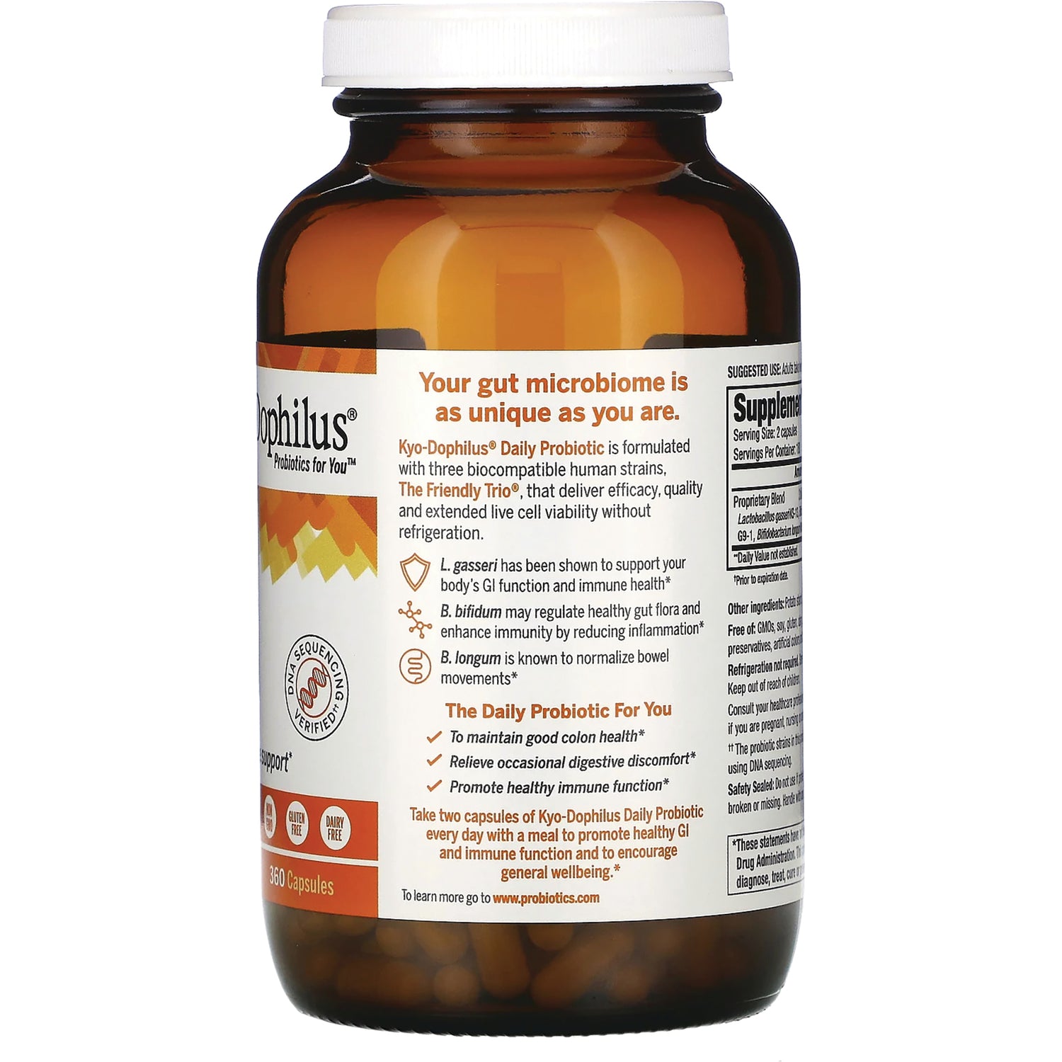 KY073 | Back of amber probiotic bottle showing label text Your gut microbiome is as unique as you are and supplement facts panel