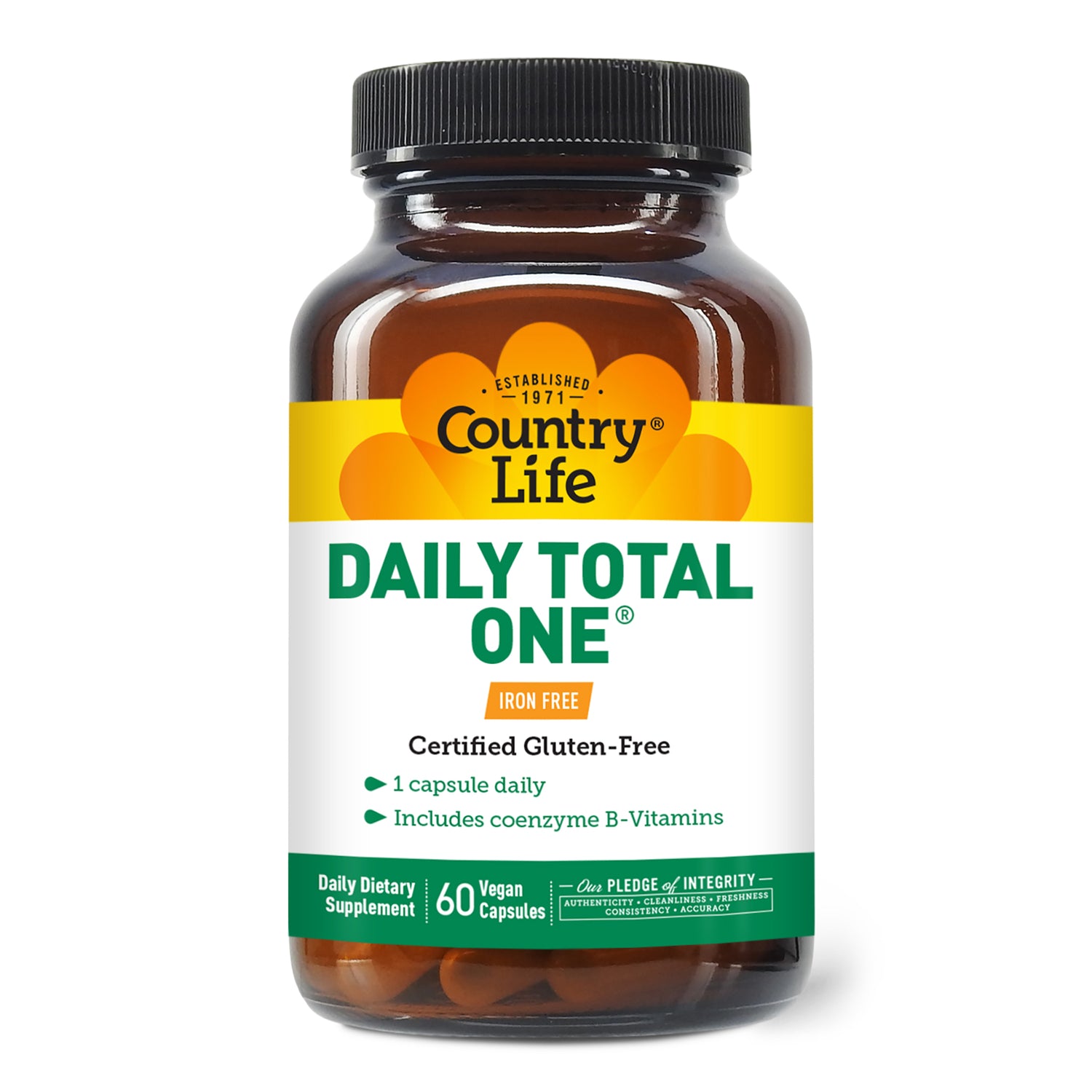 CRL281 | Country Life Daily Total One bottle labeled IRON FREE and Certified Gluten-Free, 60 vegan capsules