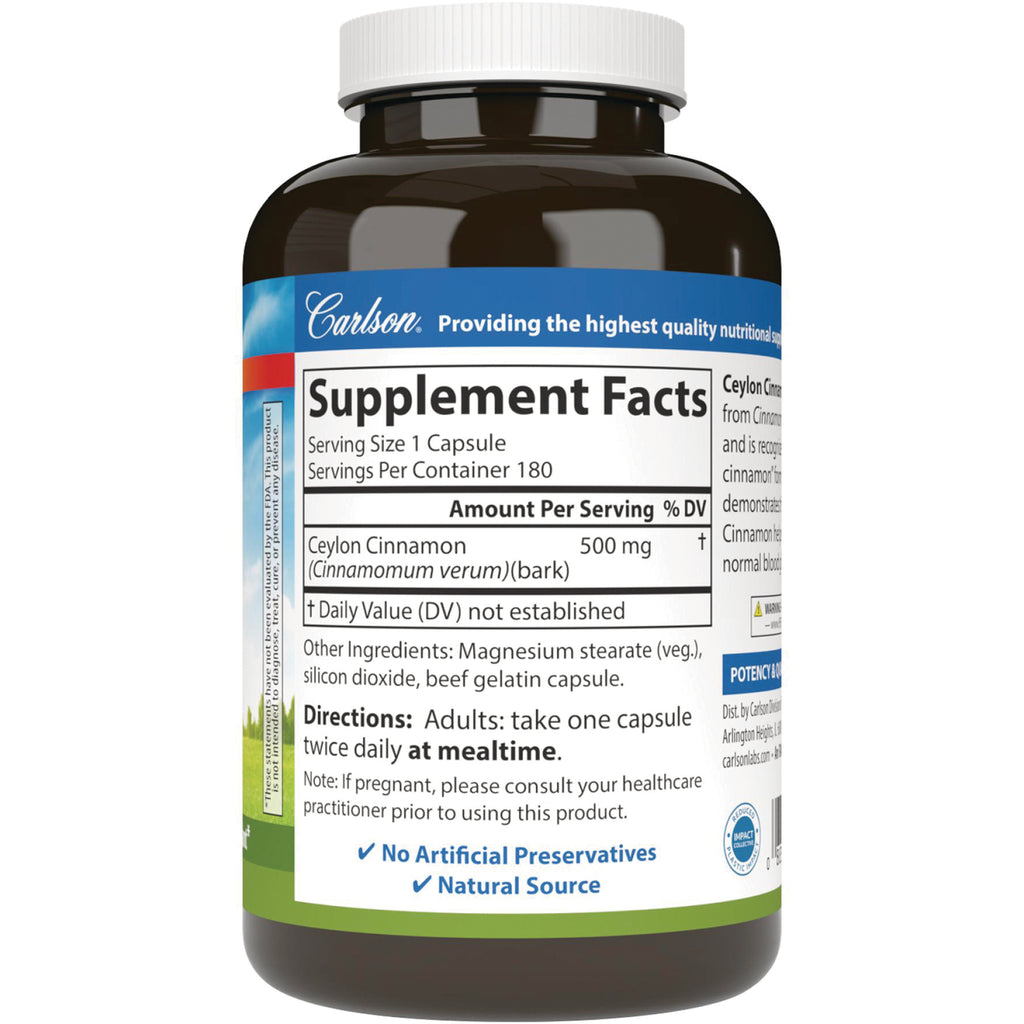 Supplement Facts panel and directions on back of Carlson cinnamon supplement bottle showing Serving Size 1 Capsule, 500 mg, and other ingredients - Thumbnail