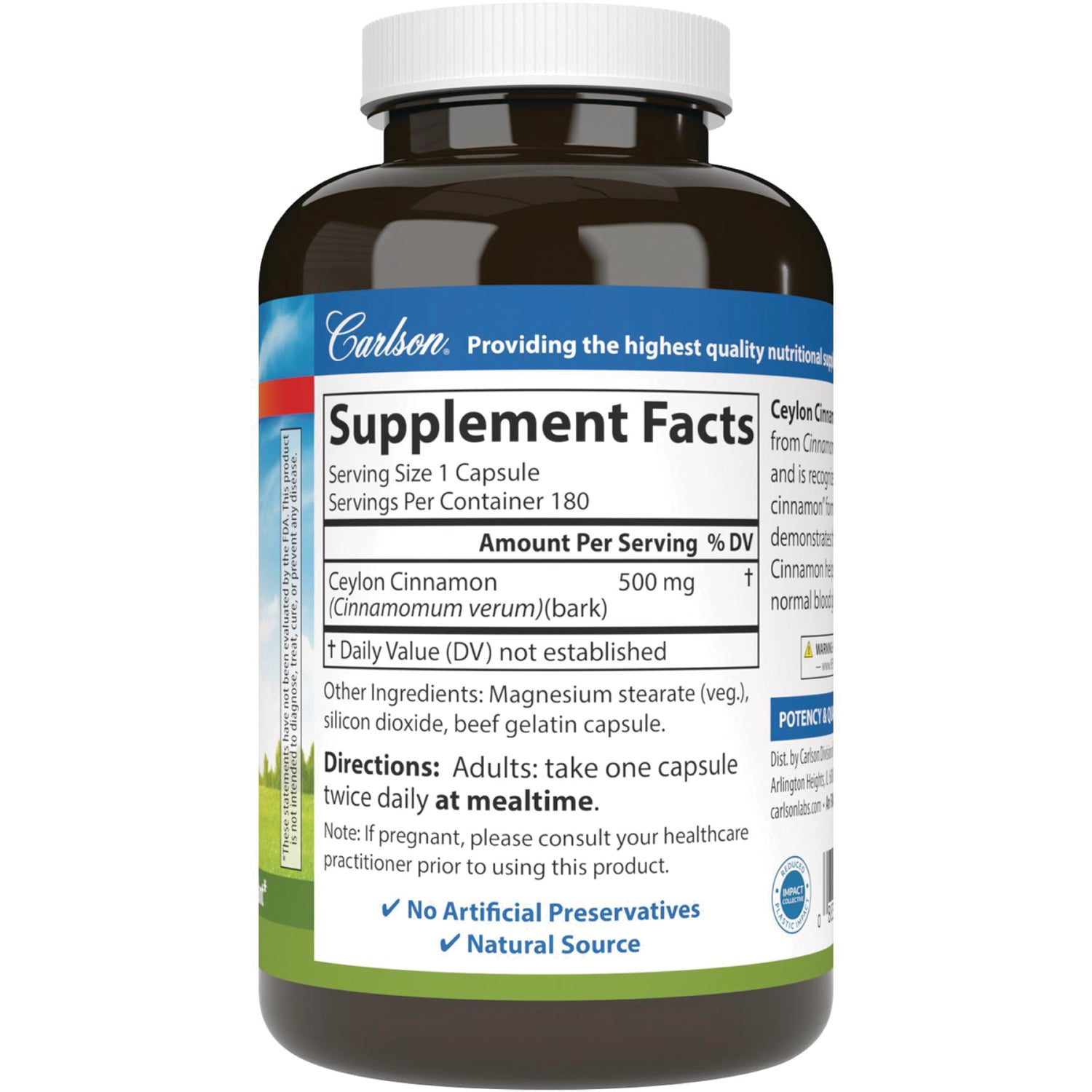 Supplement Facts panel and directions on back of Carlson cinnamon supplement bottle showing Serving Size 1 Capsule, 500 mg, and other ingredients