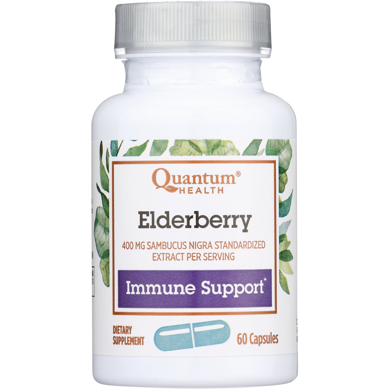 QU035 | White bottle of Quantum Health Elderberry supplement label reading Elderberry, Immune Support, 60 Capsules