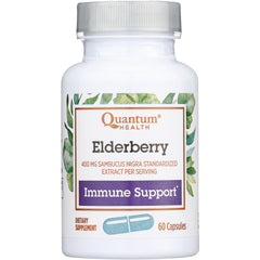 QU035 | White bottle of Quantum Health Elderberry supplement label reading Elderberry, Immune Support, 60 Capsules