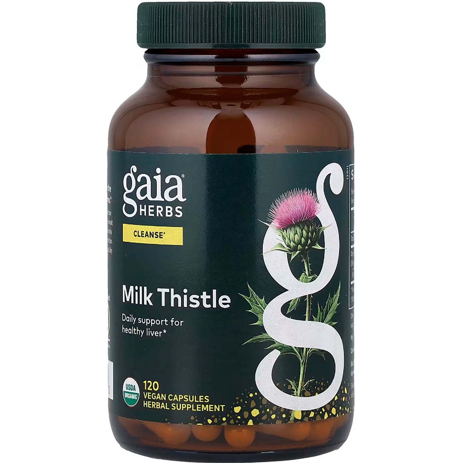 GH077 | Gaia Herbs Milk Thistle herbal supplement bottle, 120 vegan capsules, USDA Organic label