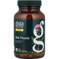 GH077 | Gaia Herbs Milk Thistle herbal supplement bottle, 120 vegan capsules, USDA Organic label