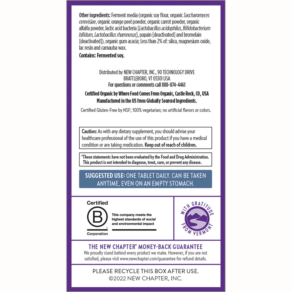 NWC299 | back panel of New Chapter supplement box showing ingredients, caution, suggested use, certifications and recycle info - Thumbnail
