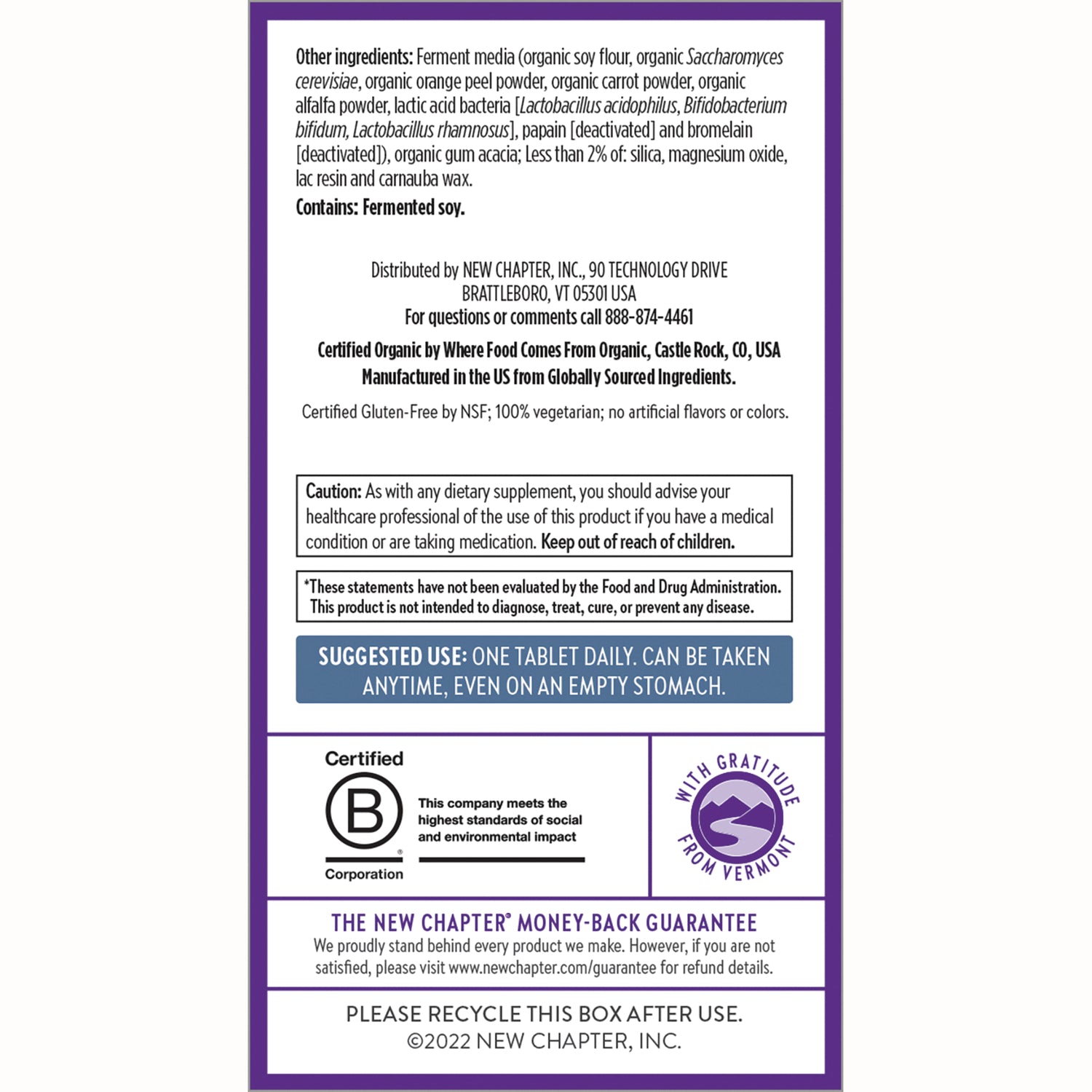 NWC299 | back panel of New Chapter supplement box showing ingredients, caution, suggested use, certifications and recycle info