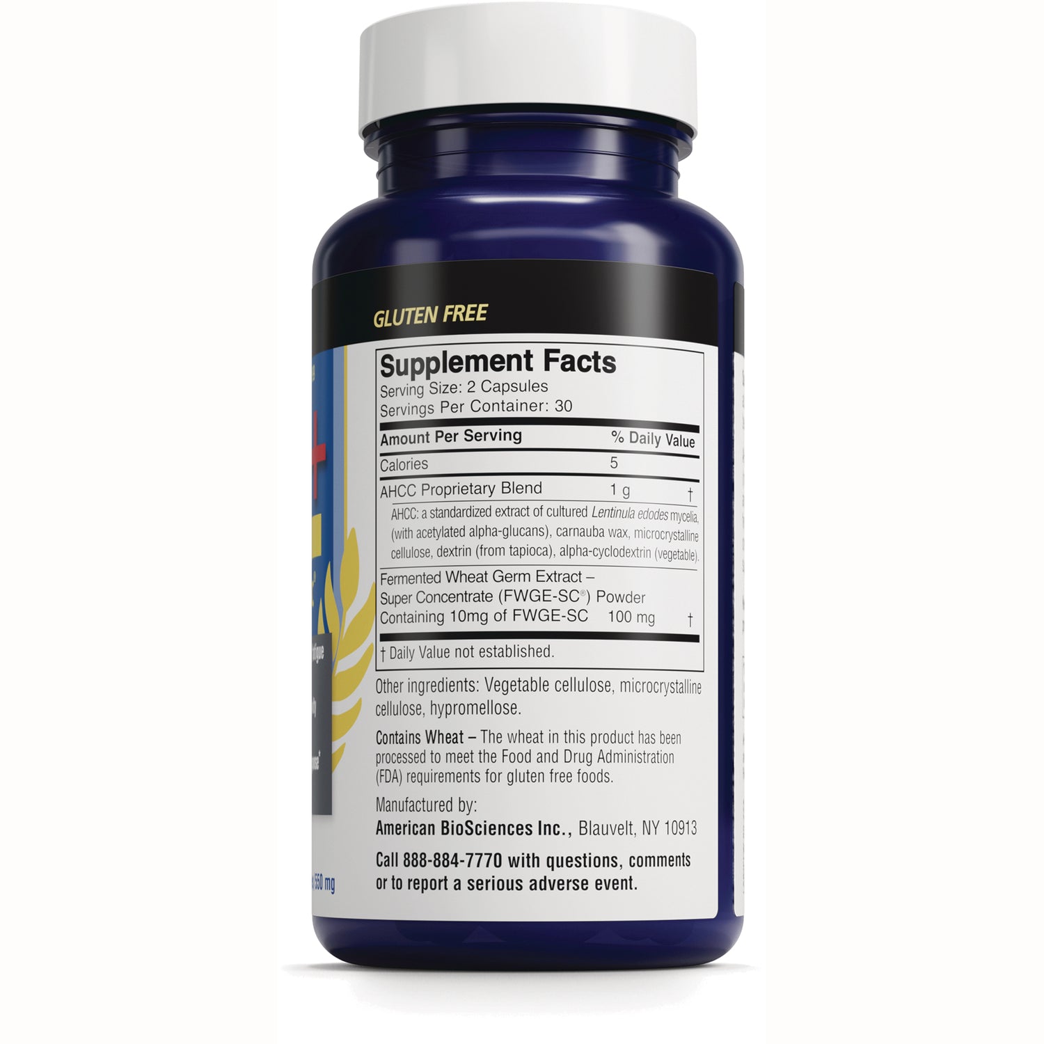 AMB017 | Back label showing Supplement Facts, serving size 2 capsules, ingredients and manufacturer contact
