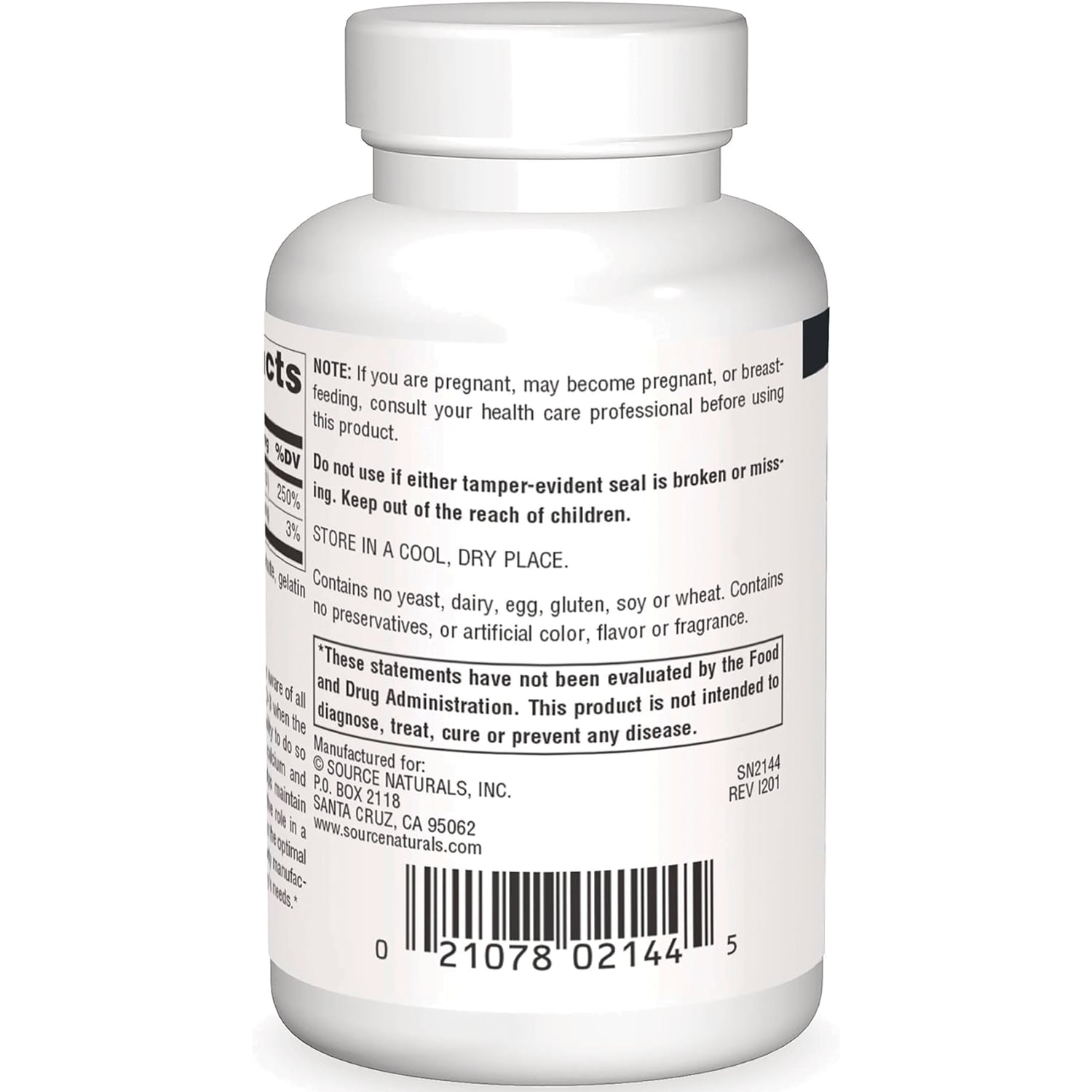 SN402 | Back label with warnings, storage directions, FDA disclaimer, manufacturer info, and barcode