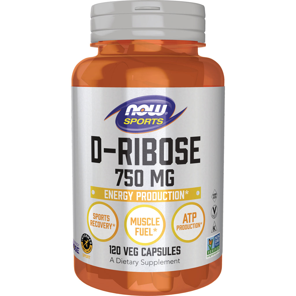 NWF815 | NOW Sports D-Ribose 750 MG supplement bottle front, 120 veg capsules - Thumbnail