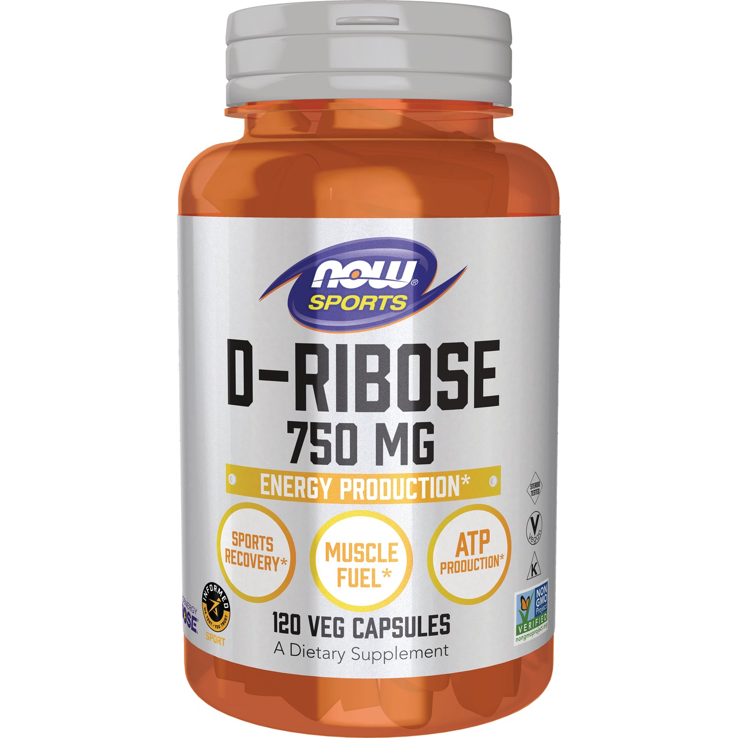 NWF815 | NOW Sports D-Ribose 750 MG supplement bottle front, 120 veg capsules