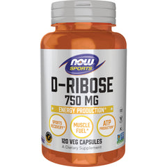 NWF815 | NOW Sports D-Ribose 750 MG supplement bottle front, 120 veg capsules