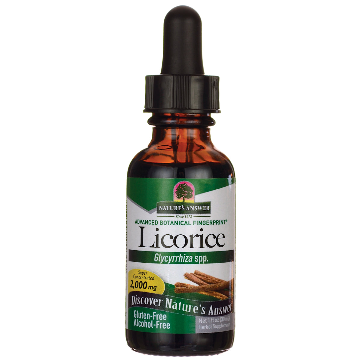 NAT057 | amber dropper bottle of Nature's Answer Licorice Glycyrrhiza spp liquid extract, gluten-free alcohol-free