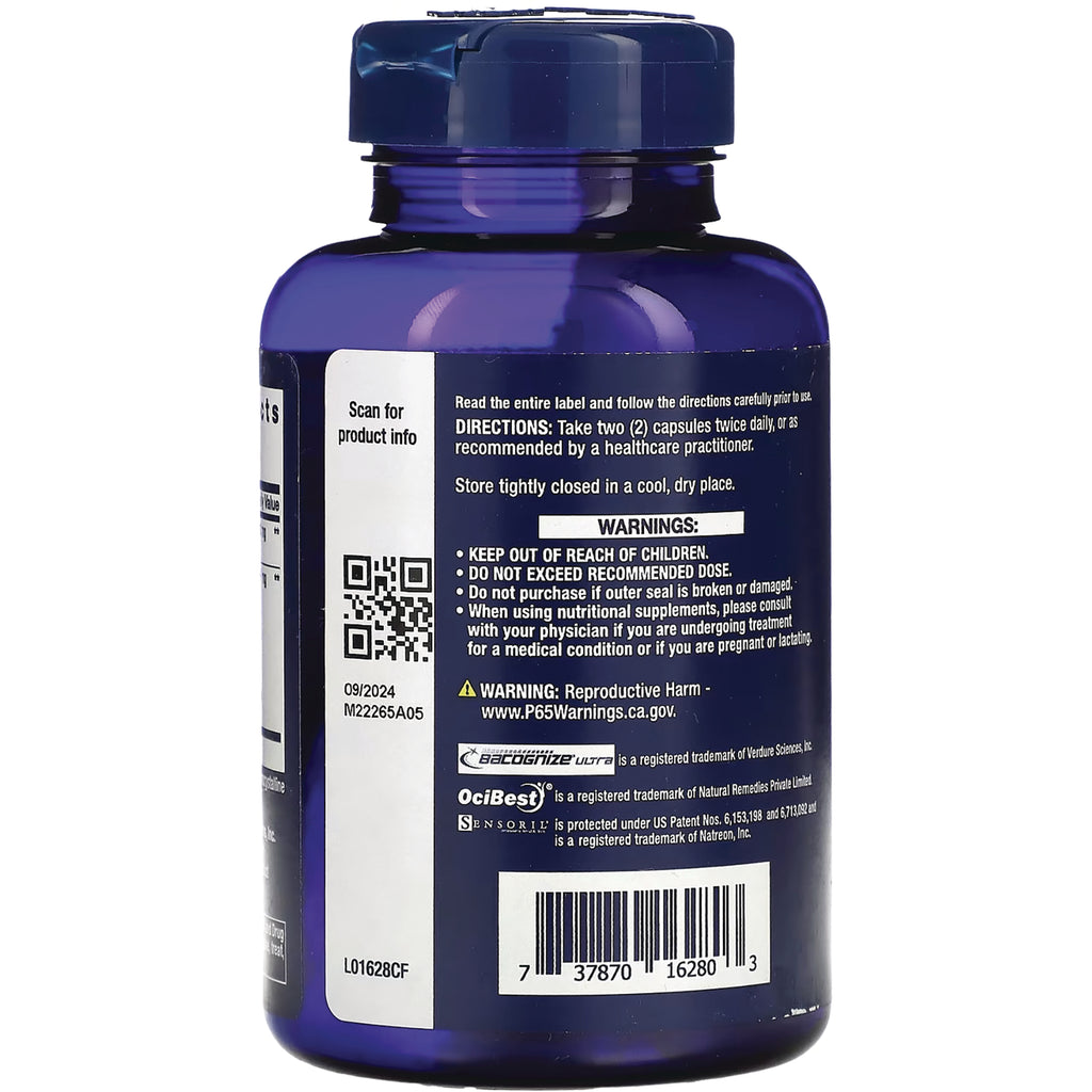 LE451 | Back of blue supplement bottle showing directions, warnings, QR code and barcode - Thumbnail