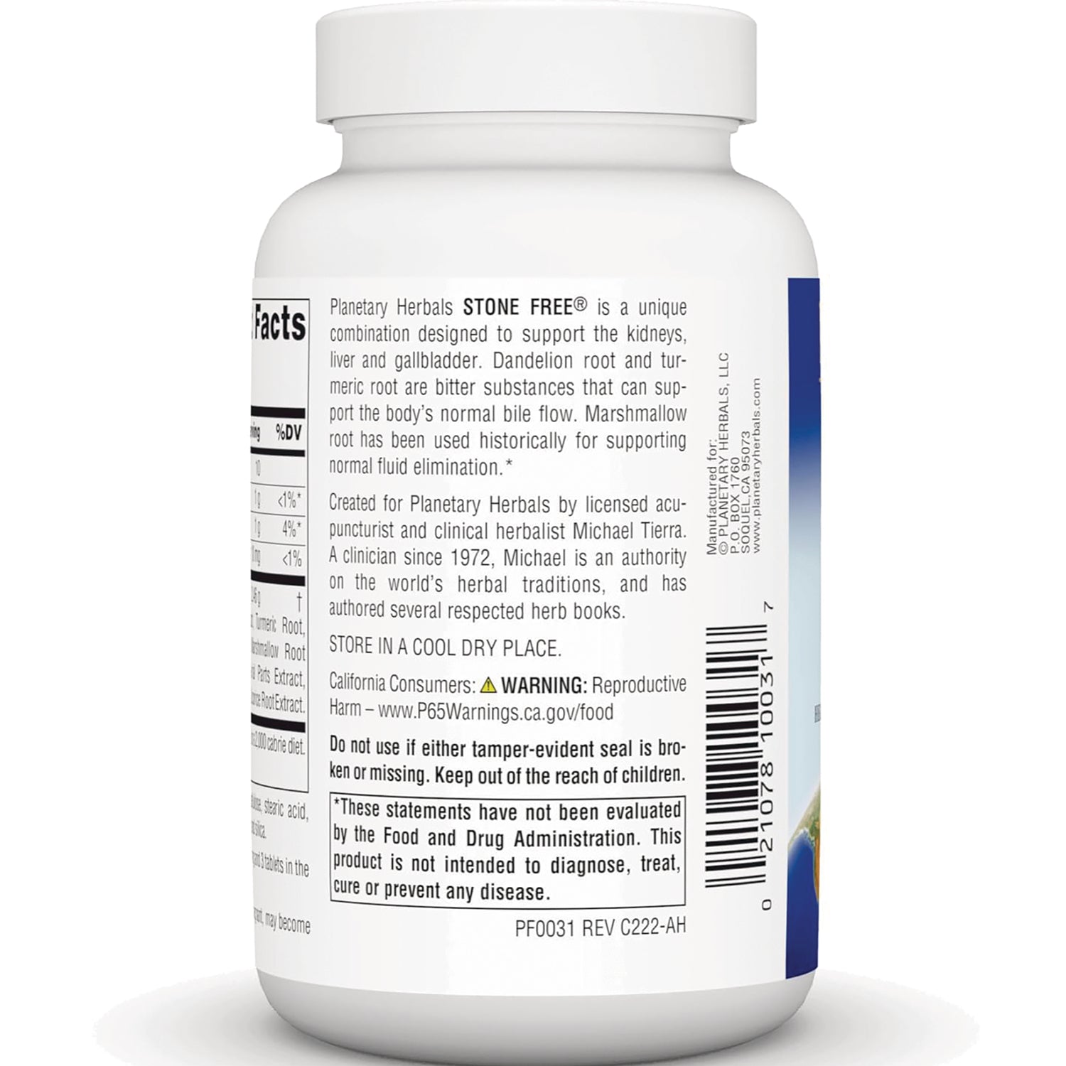 PF081 | back label of white supplement bottle showing product description, warnings and barcode