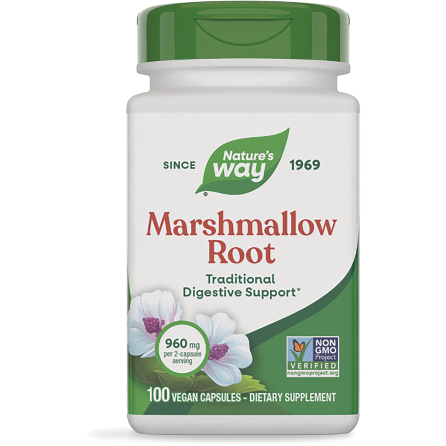 NW155 | Nature's Way Marshmallow Root white bottle with green cap, 100 vegan capsules, 960 mg per 2-capsule serving