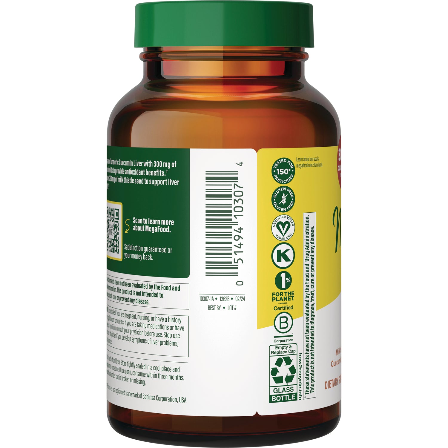 MGF109 | Back of amber supplement bottle showing barcode, certification logos, recycling icons and small label text
