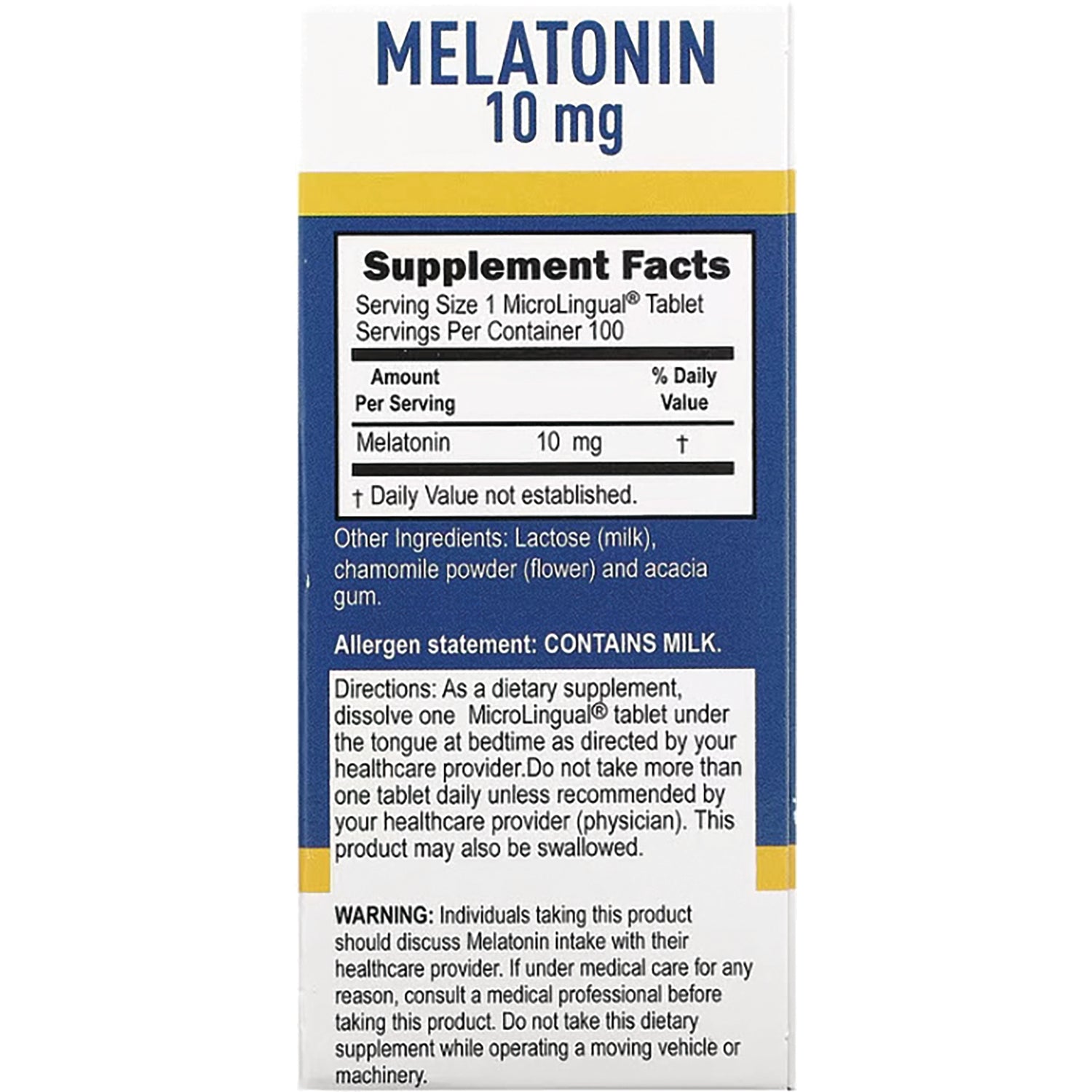 SUS031 | Back of melatonin 10 mg supplement box showing Supplement Facts, directions, and allergen statement CONTAINS MILK