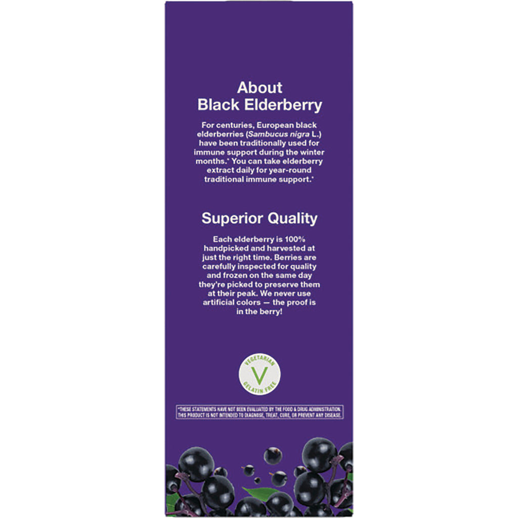 NW666 | Back panel of purple elderberry supplement box reading About Black Elderberry and Superior Quality with berry illustrations - Thumbnail