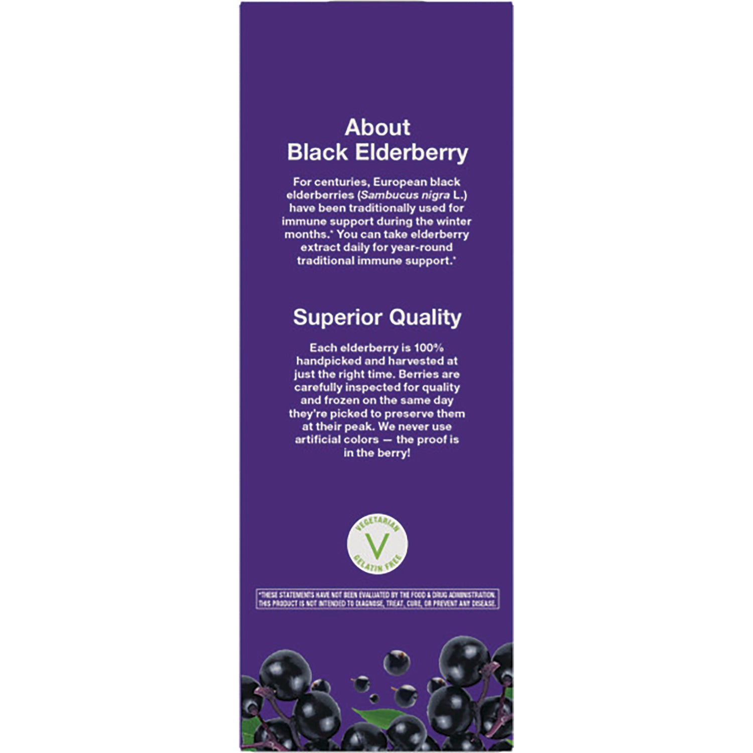 NW666 | Back panel of purple elderberry supplement box reading About Black Elderberry and Superior Quality with berry illustrations