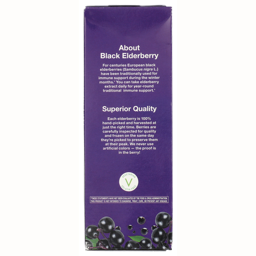 NW666 | Back panel of purple elderberry supplement box reading About Black Elderberry and Superior Quality with berry illustrations - Thumbnail