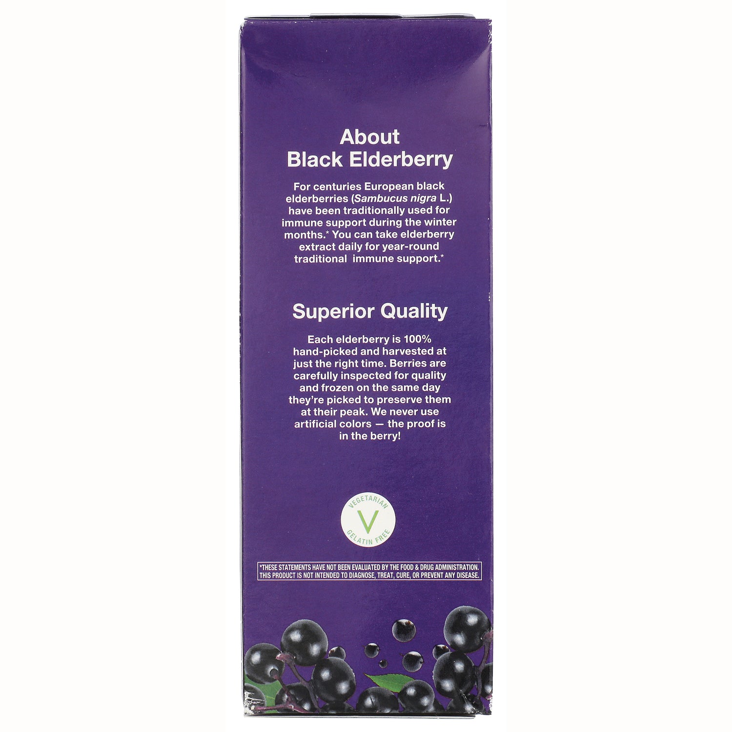 NW666 | Back panel of purple elderberry supplement box reading About Black Elderberry and Superior Quality with berry illustrations