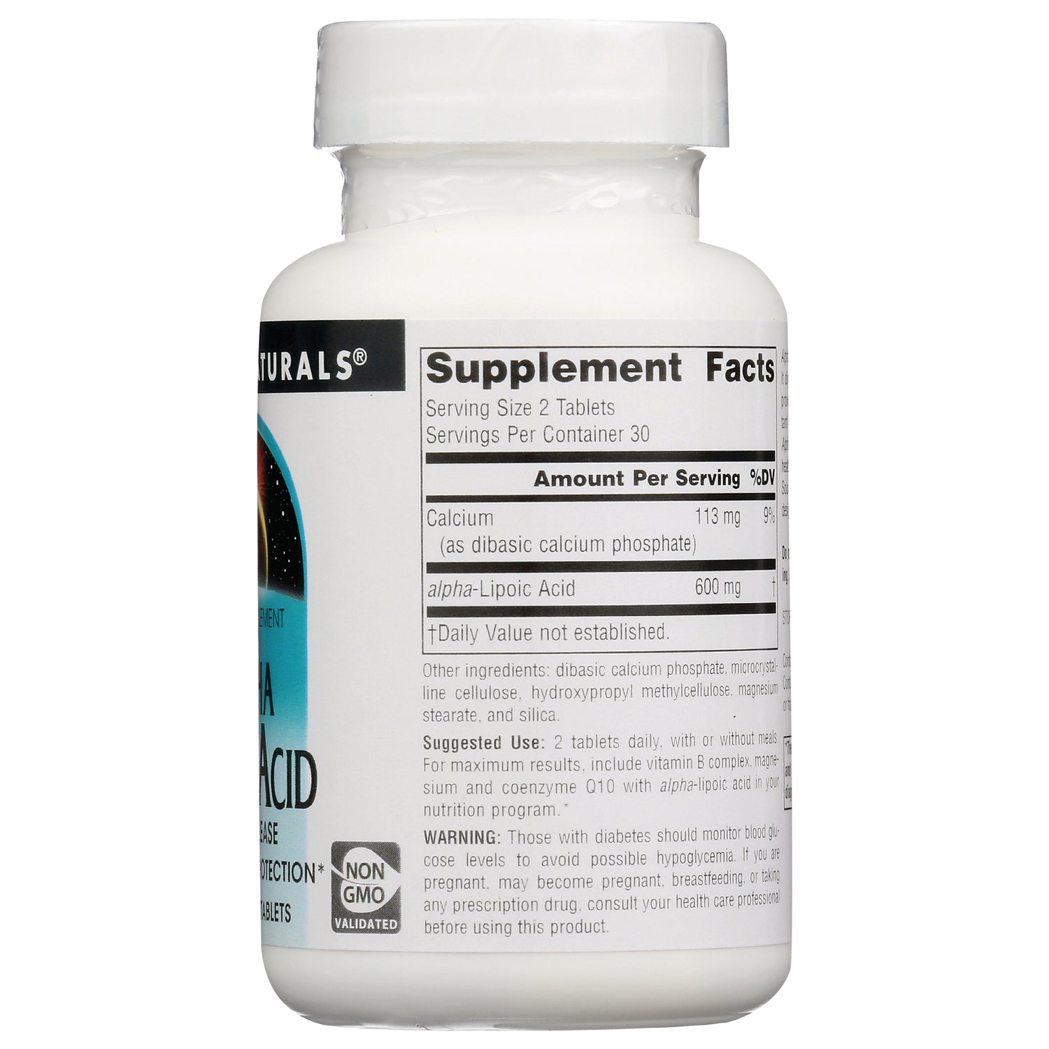 SN098 | Back label with Supplement Facts and ingredients for alpha-lipoic acid tablets