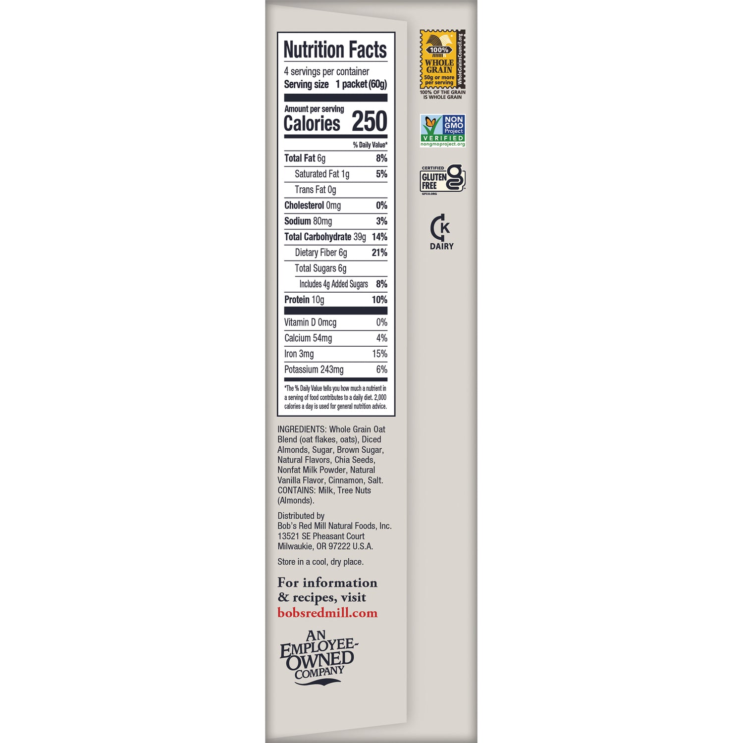 BOB488 | Back panel with Nutrition Facts, ingredients list and certification icons