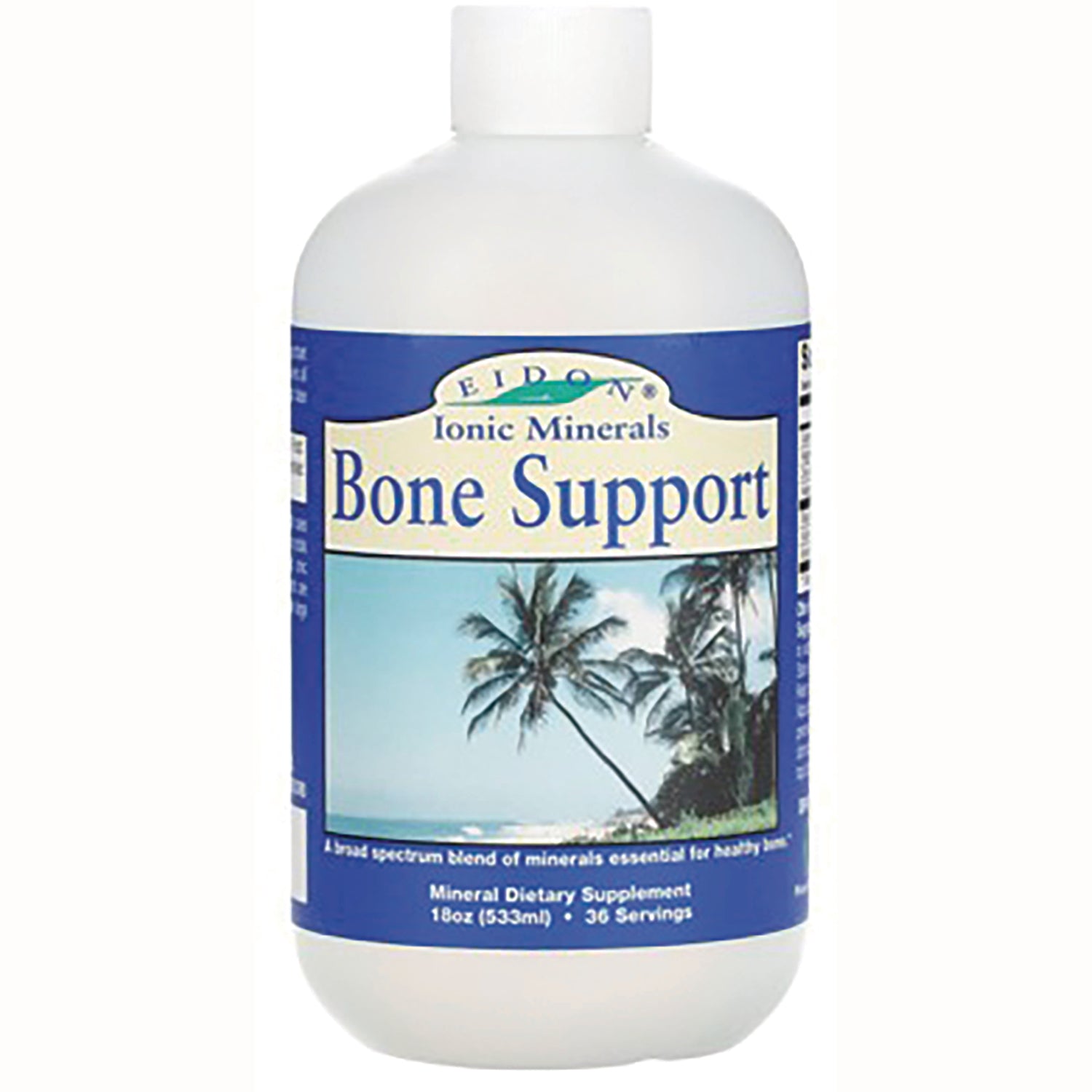EIM033 | White bottle with blue label reading Bone Support and palm tree beach image, mineral dietary supplement