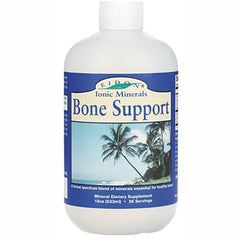 EIM033 | White bottle with blue label reading Bone Support and palm tree beach image, mineral dietary supplement