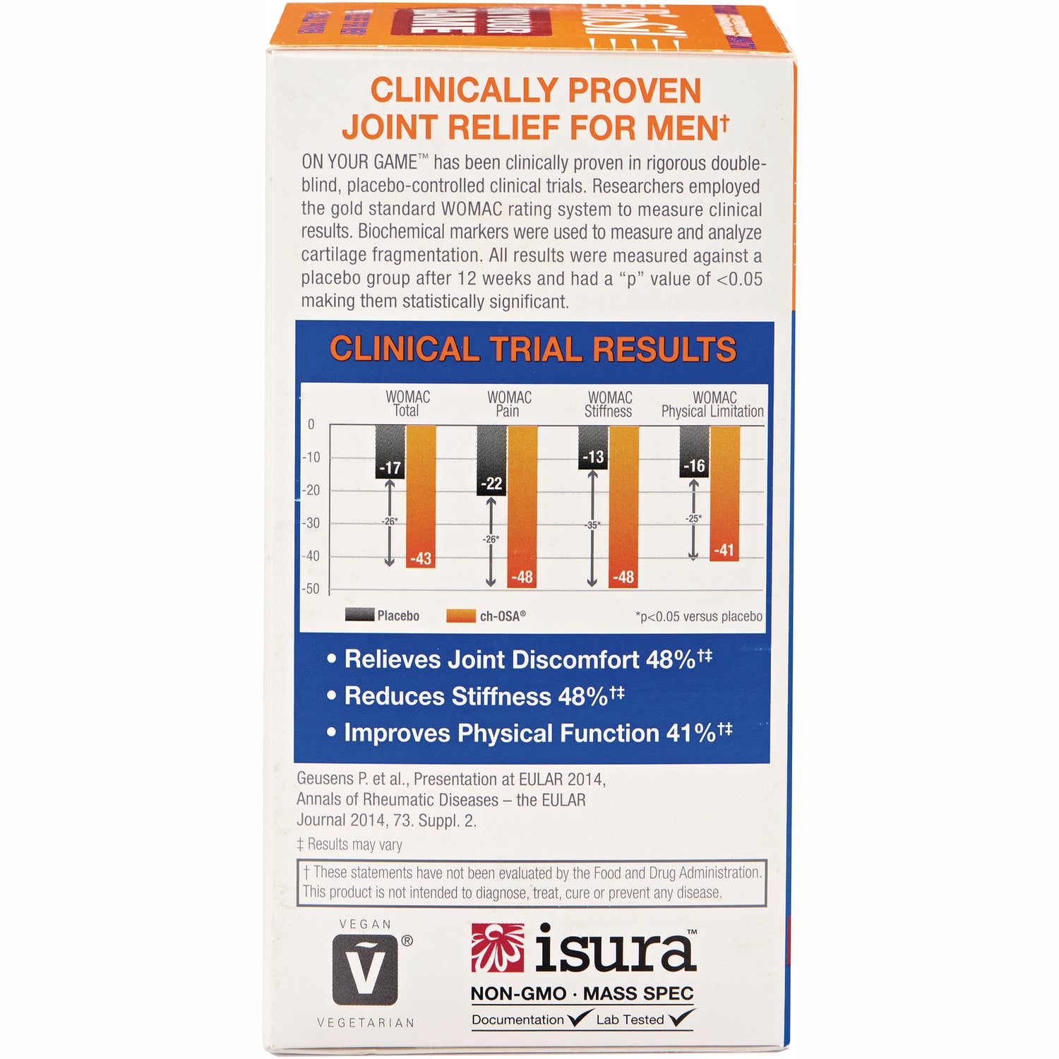 NFC206 | back of supplement box with clinical trial results chart, claims relieving joint discomfort 48% and isura non-GMO logo