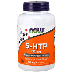 NWF278 | NOW 5-HTP 50 mg white bottle with orange label and purple cap, 180 veg capsules