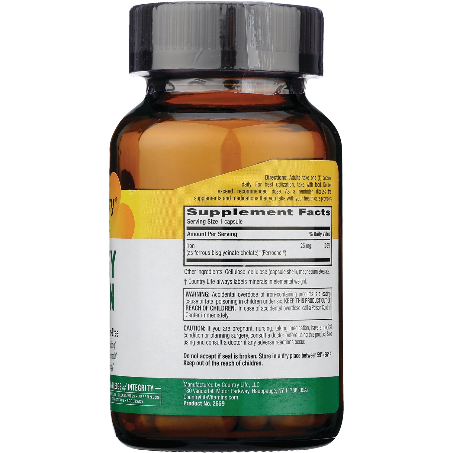 CRL340 | amber supplement bottle back showing Supplement Facts panel, dosage directions and warning text