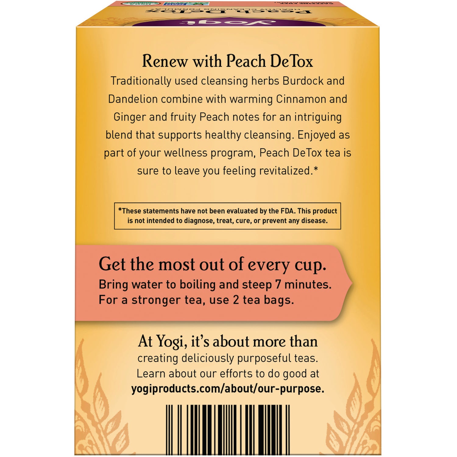 AHW012 | Back of Peach DeTox tea box showing product description and steeping instructions 'steep 7 minutes'