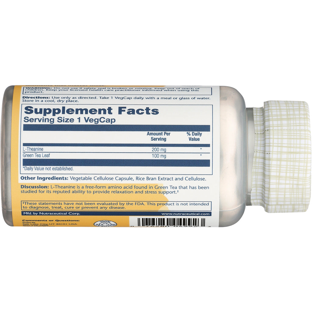 SLR372 | back of supplement bottle showing Supplement Facts label with L-Theanine 200 mg and Green Tea Leaf 100 mg - Thumbnail