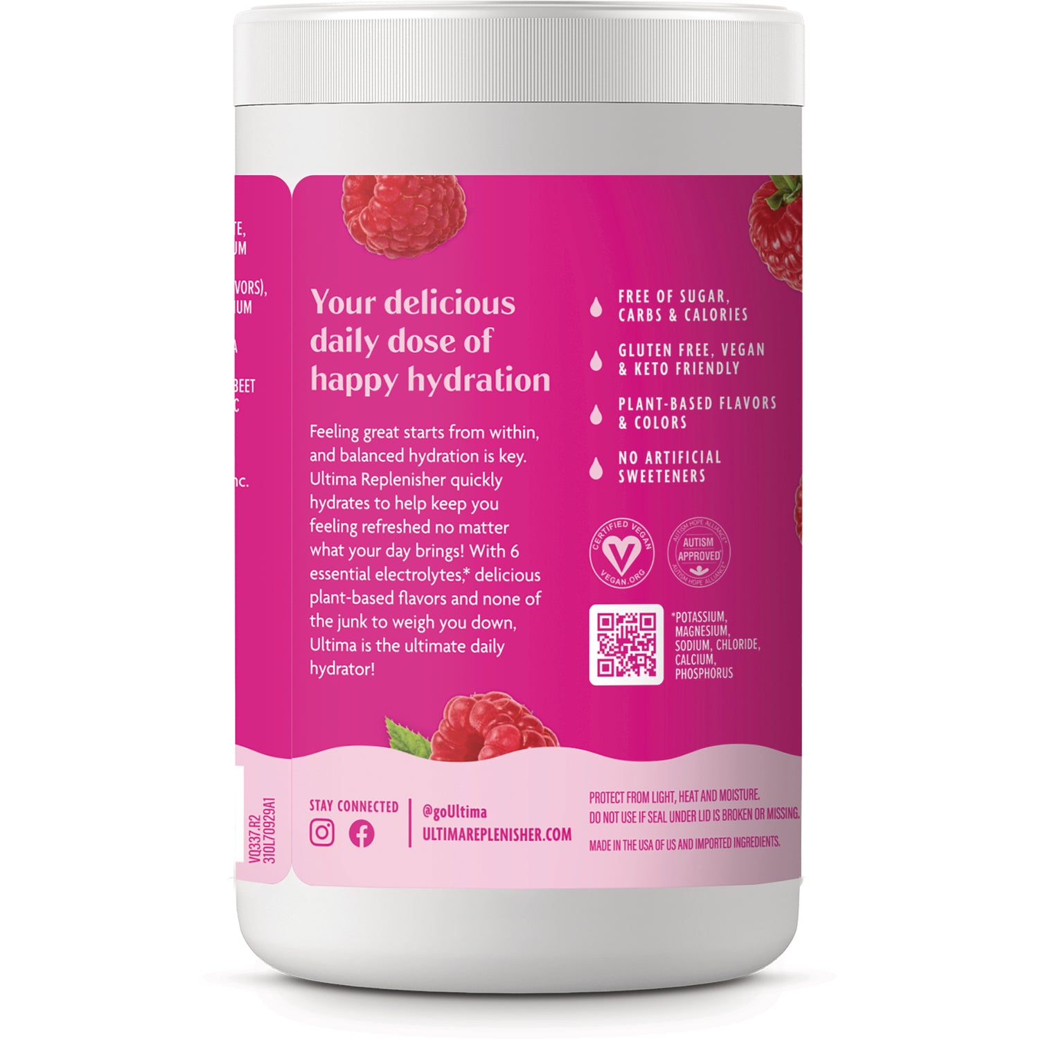 UHP019 | Back label with claims: happy hydration; gluten free, vegan, keto; no sugar, carbs, calories