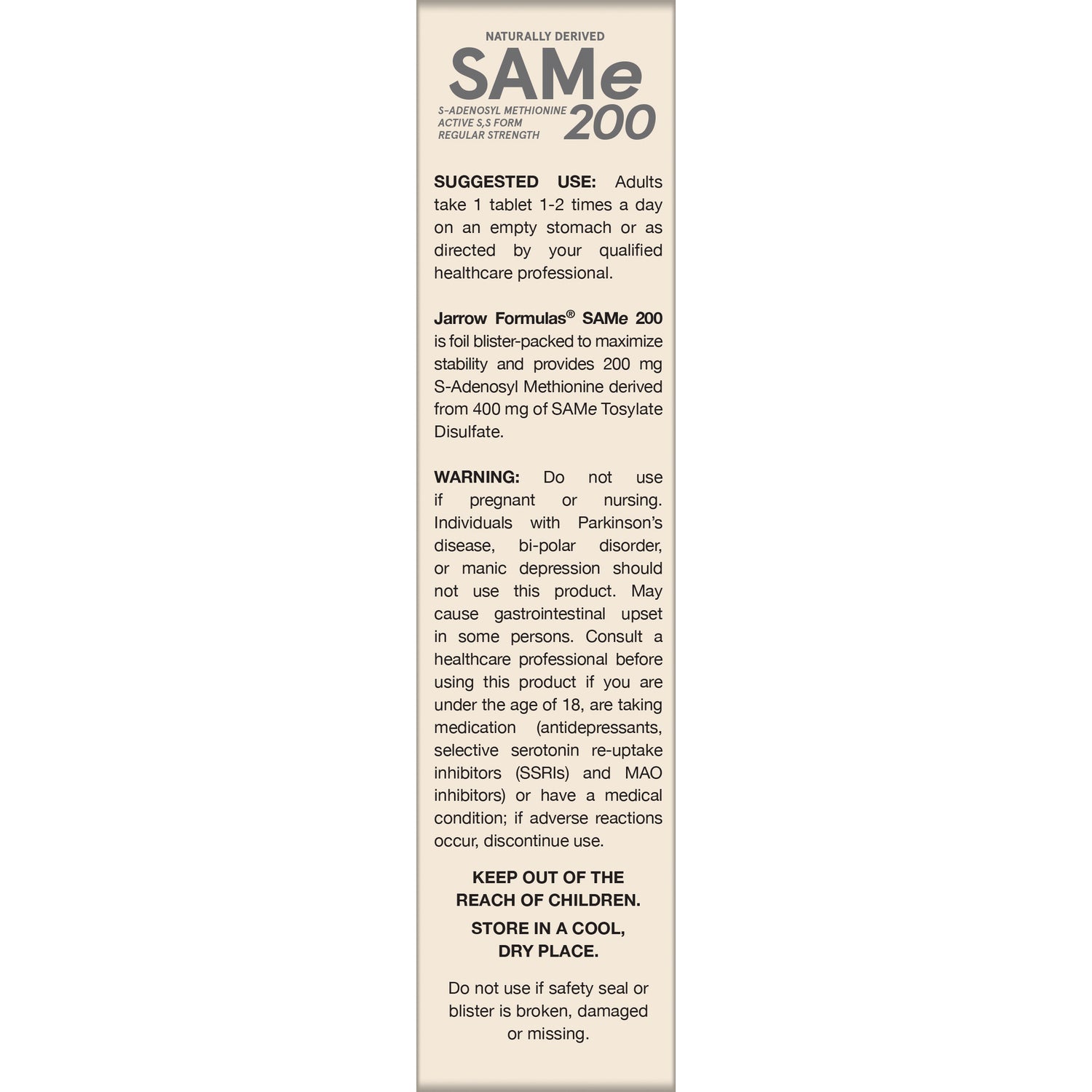 JR209 | back panel with suggested use, warnings, and storage instructions for SAMe 200 supplement