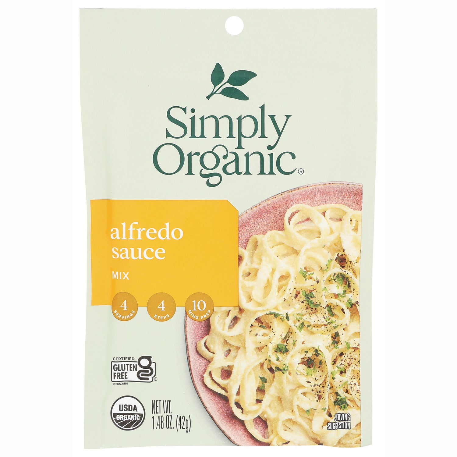 SMP006 | Simply Organic alfredo sauce mix pouch with bowl of fettuccine, USDA Organic and gluten free labels