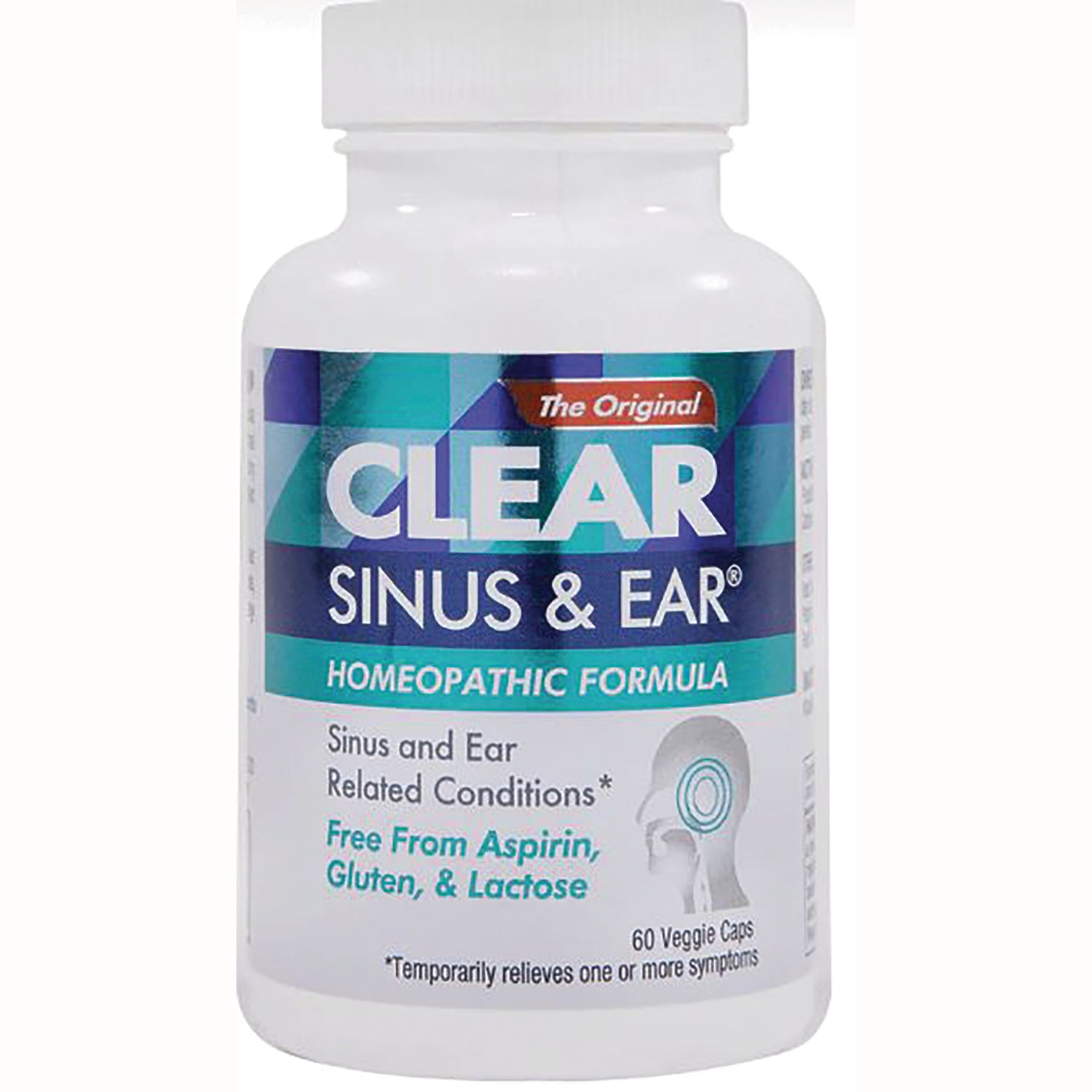 CLP008 | Front view of CLEAR Sinus & Ear homeopathic formula bottle, 60 veggie caps, label says free from aspirin gluten & lactose