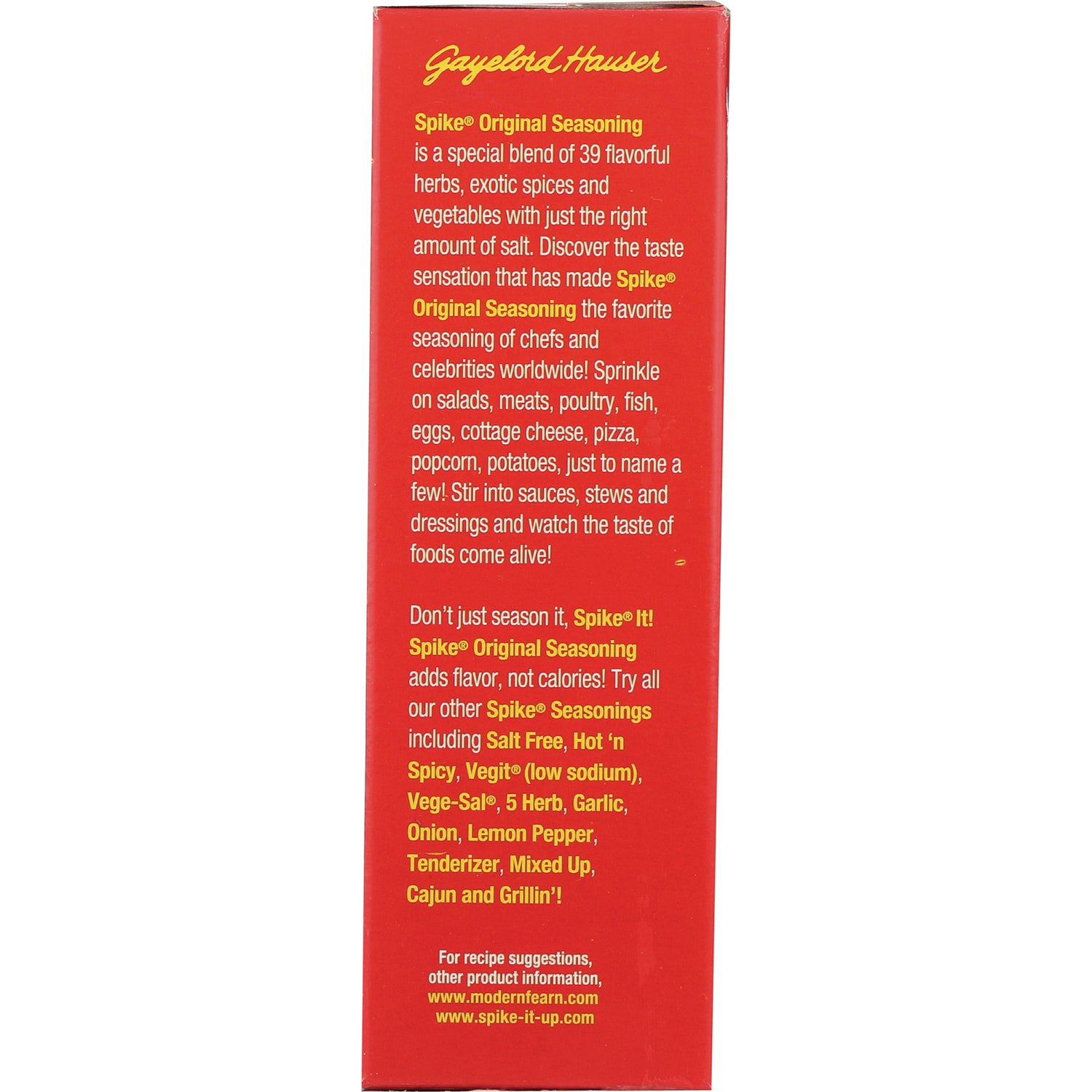MPR002 | Back of red Spike Original Seasoning box showing product description, usage suggestions and website text