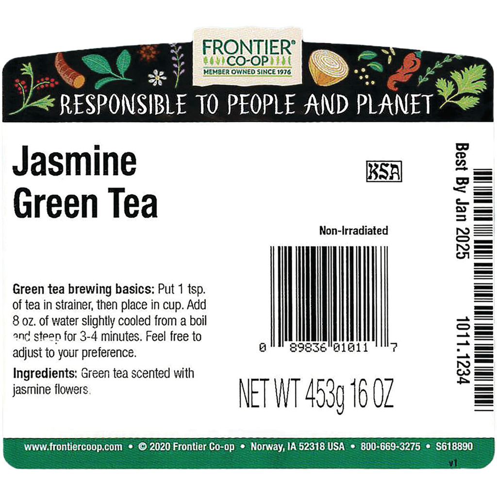 FNP083 | back label of Frontier Co-op Jasmine Green Tea with brewing instructions, ingredients, barcode and NET WT 453g 16 OZ - Thumbnail