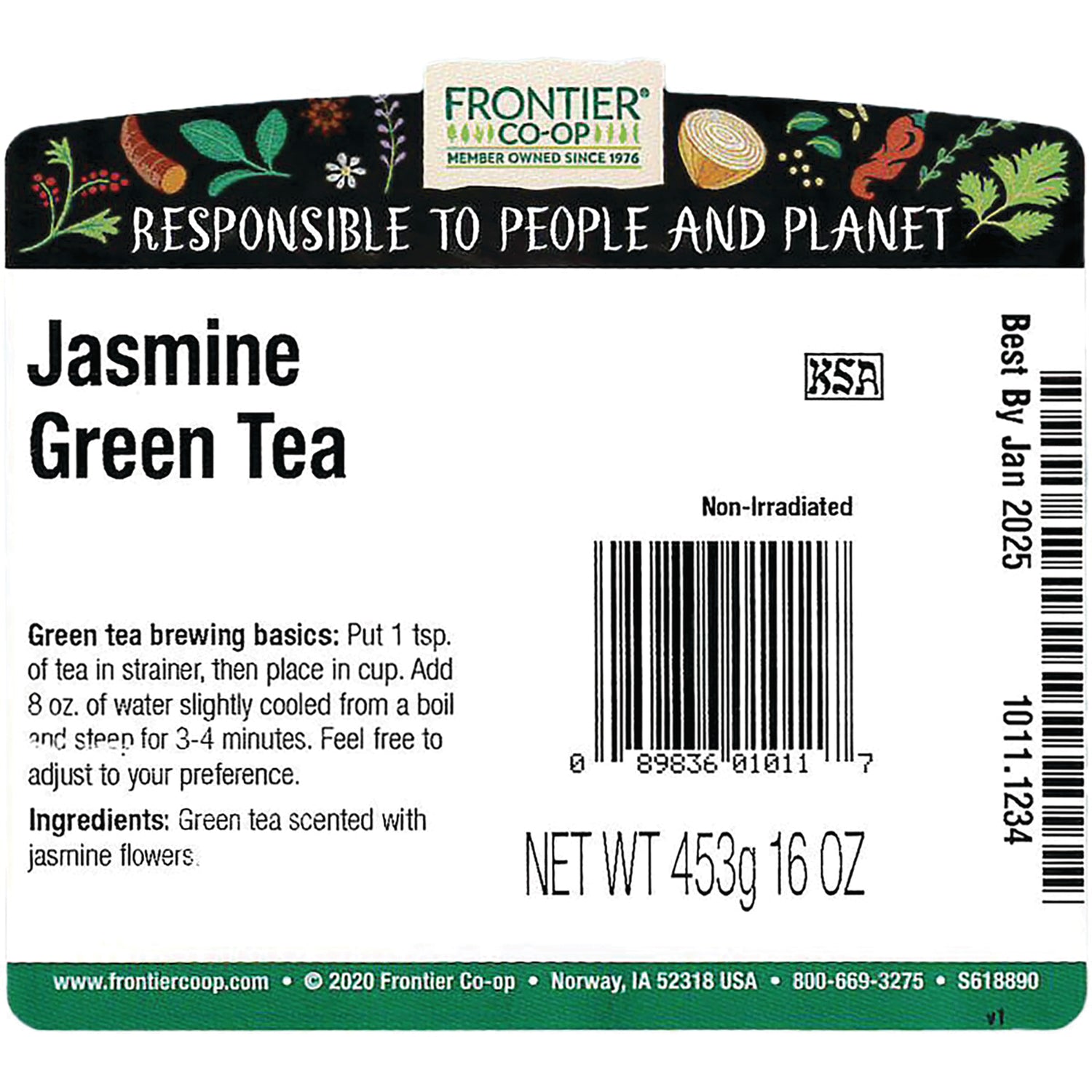 FNP083 | back label of Frontier Co-op Jasmine Green Tea with brewing instructions, ingredients, barcode and NET WT 453g 16 OZ