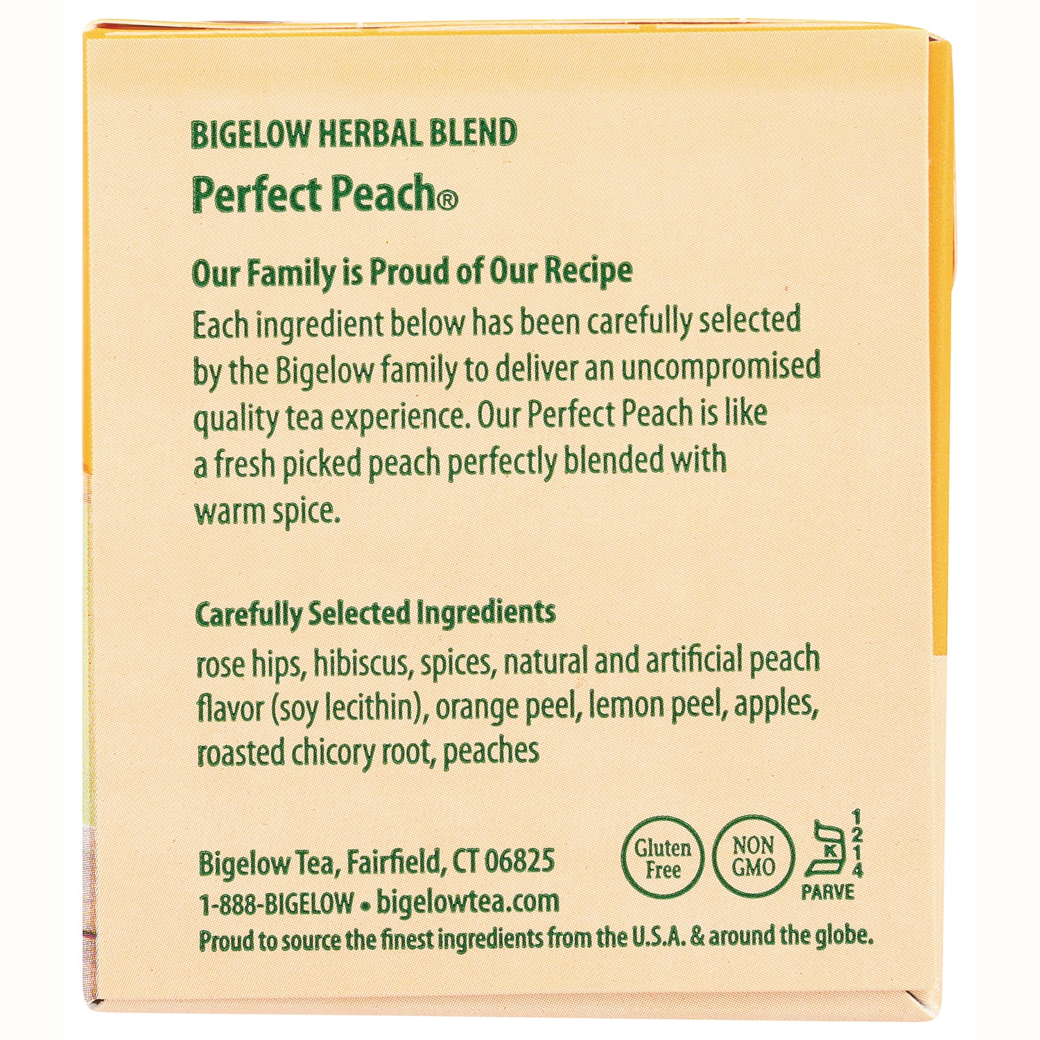 BGT023 | Back of Perfect Peach tea box showing product description, ingredients list and gluten free Non GMO icons