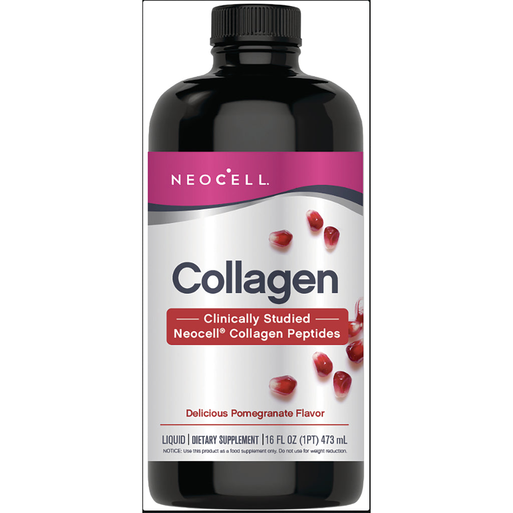 NEC041 | Neocell Collagen liquid supplement bottle, pomegranate flavor, front label with pomegranate seeds - Thumbnail