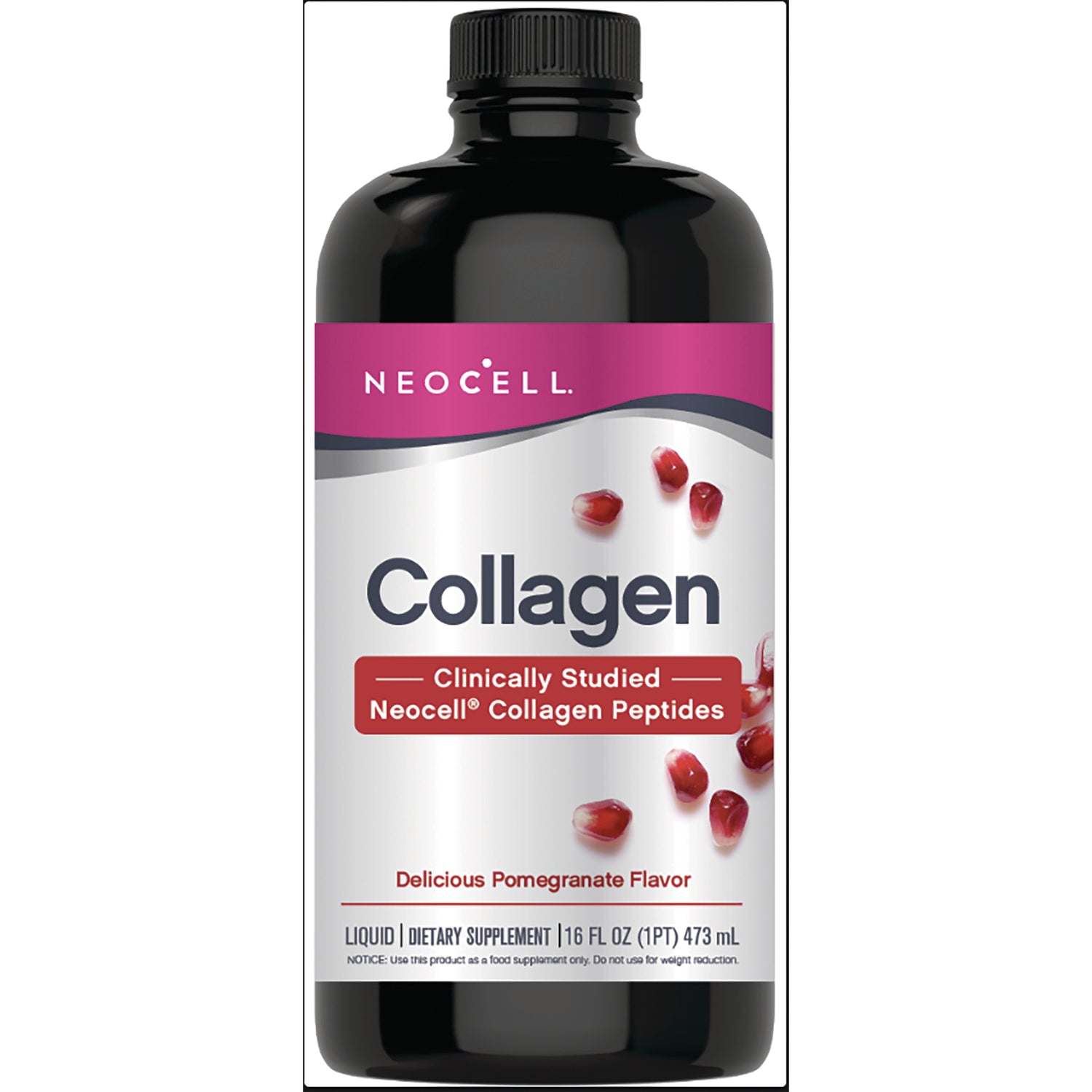 NEC041 | Neocell Collagen liquid supplement bottle, pomegranate flavor, front label with pomegranate seeds